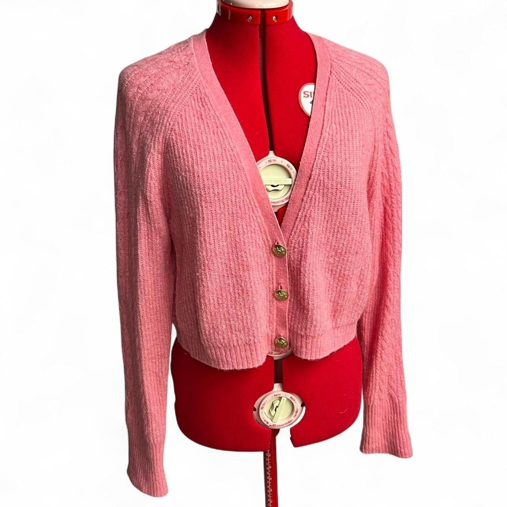 Bubble Gum Pink J Crew Cropped Wool & Alpaca Blend Cardigan With Gold Buttons